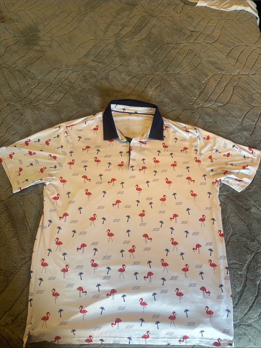 Men's White Polo Shirt with Pink Flamingo Print and Navy Collar